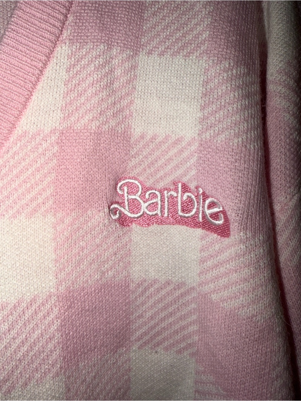 Barbie The Movie Hot Topic Pink Gingham Plaid Knit Sweater Cardigan XL - Picture 5 of 8